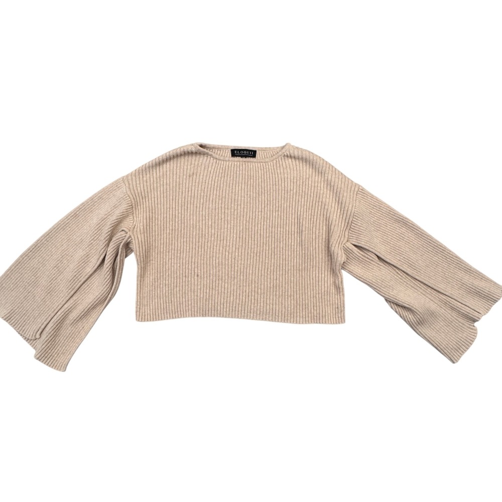 ELOQUII Beige Ribbed Slit Bell Sleeve Cropped Sweater Women Size 14‎ 16